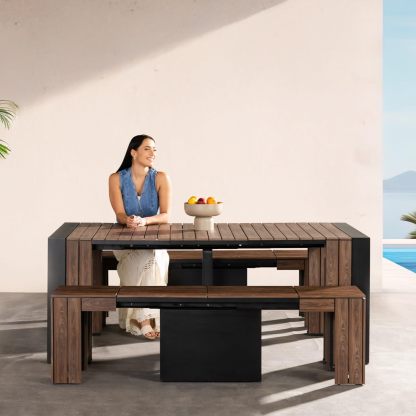 Transformer Table Outdoor Patio Furniture Set for 4 to 12, Expandable Outdoor Table and Chairs Set of 4 with Dining Bench, Weather Resistant Extendable Patio Table with Chairs & Bench