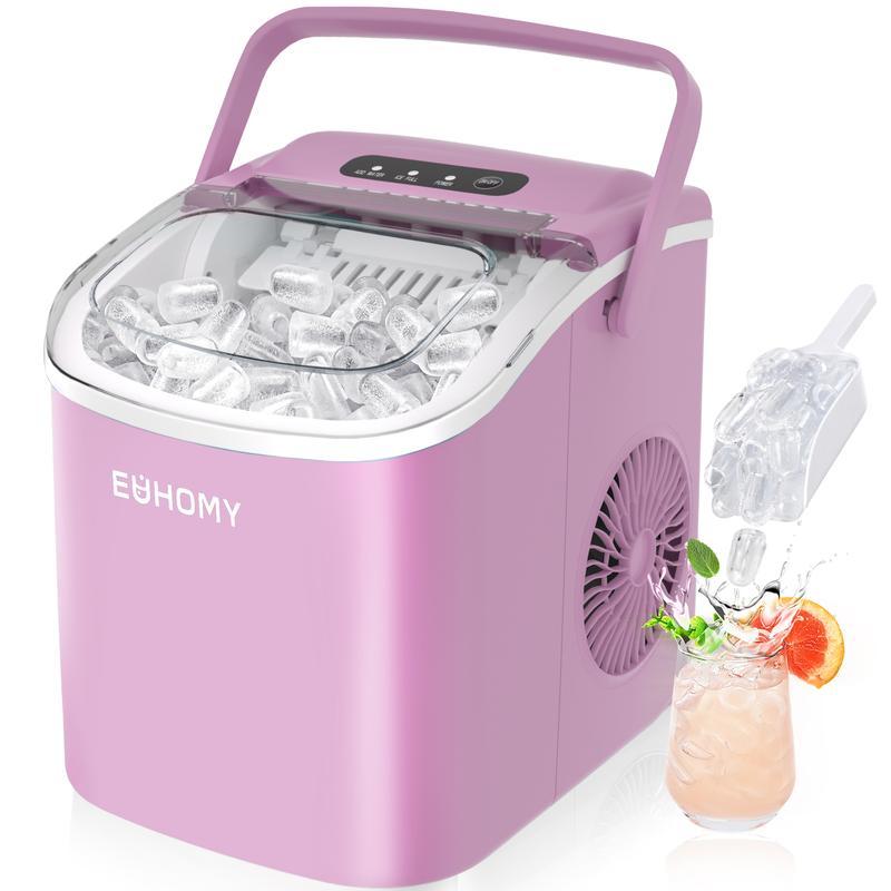 EUHOMY Countertop Ice Maker with Handle, Makes 26 Pounds of Ice in 24 Hours, 9 Ice Cubes in 6 Minutes, Self-Cleaning Portable Ice Maker with Basket and Scoop for Home/Kitchen/Camping/RV.