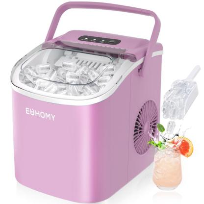 EUHOMY Countertop Ice Maker with Handle, Makes 26 Pounds of Ice in 24 Hours, 9 Ice Cubes in 6 Minutes, Self-Cleaning Portable Ice Maker with Basket and Scoop for Home/Kitchen/Camping/RV.