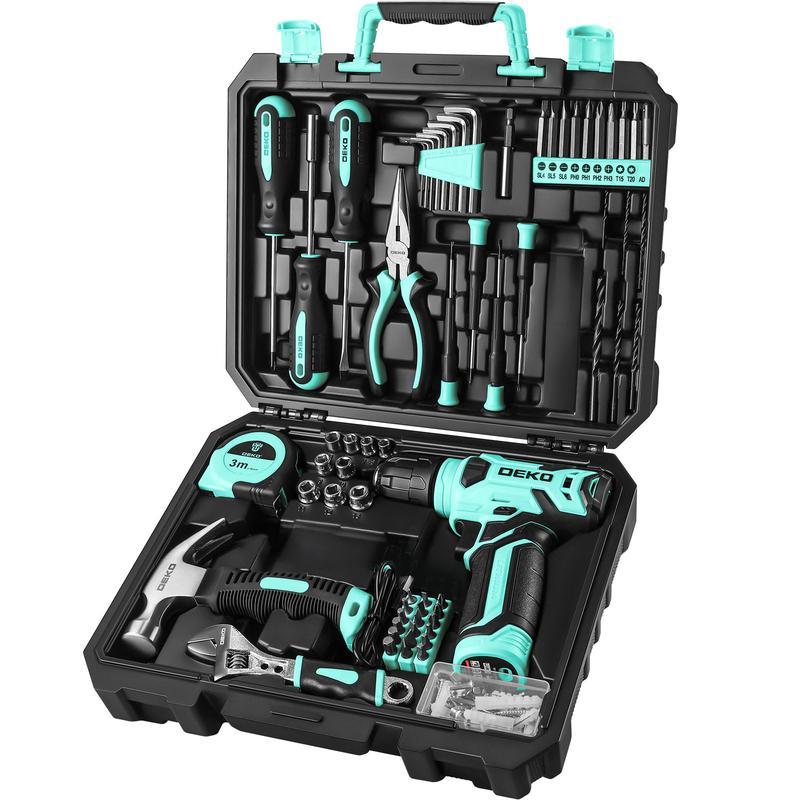 DEKO 8V Cordless Drill Set, 126-Piece Home Tool Kit With Storage Box, Unisex DIY Power Tool Set For Fence Installation, Room Décor, Furniture Assembly, And Daily Repairs