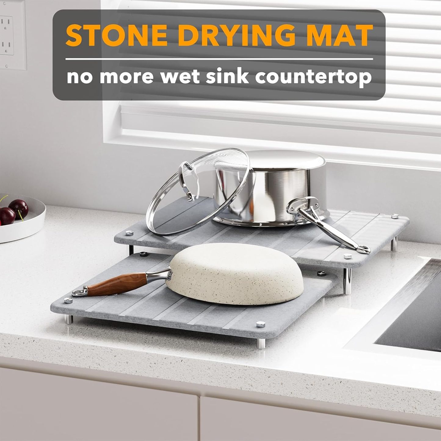 SpaceAid 2 Pack Stone Dish Drying Mats for Kitchen Counter, Expandable Absorbent Rack Dish Pad, Quick Dry Diatomaceous Earth Dishes Mat Tray, Absorbing Sink Stone Mat Board