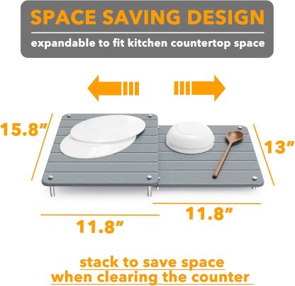 SpaceAid 2 Pack Stone Dish Drying Mats for Kitchen Counter, Expandable Absorbent Rack Dish Pad, Quick Dry Diatomaceous Earth Dishes Mat Tray, Absorbing Sink Stone Mat Board 