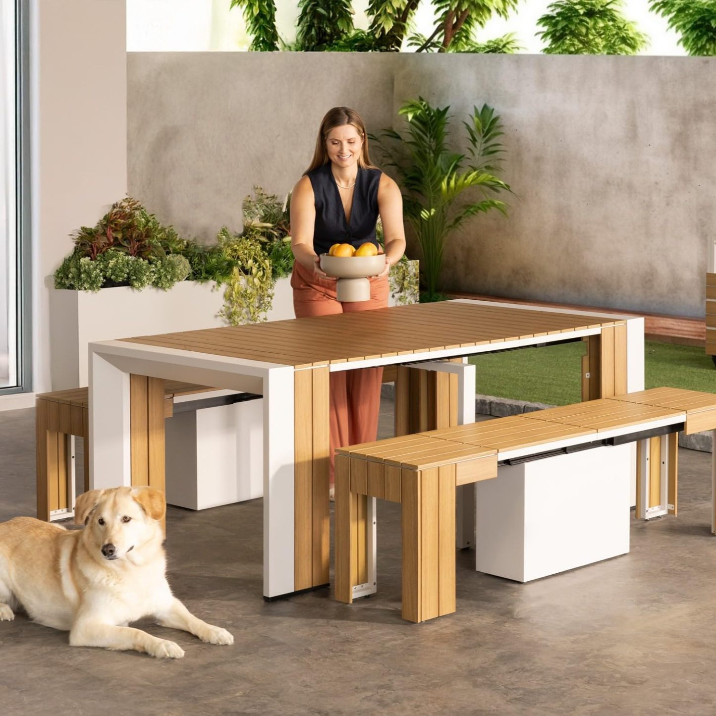 Transformer Table Outdoor Patio Furniture Set for 4 to 12, Expandable Outdoor Table and Chairs Set of 4 with Dining Bench, Weather Resistant Extendable Patio Table with Chairs & Bench
