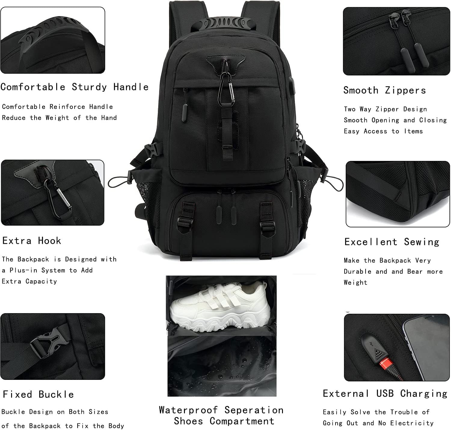 INSAVANT Travel Backpack for Mens 18.3 Inch with Laptop Sleeve and Shoe Compartment, Computer Backpacks with USB Charging Port, Durable Hiking Work Business Daypack for Women(Black Black)