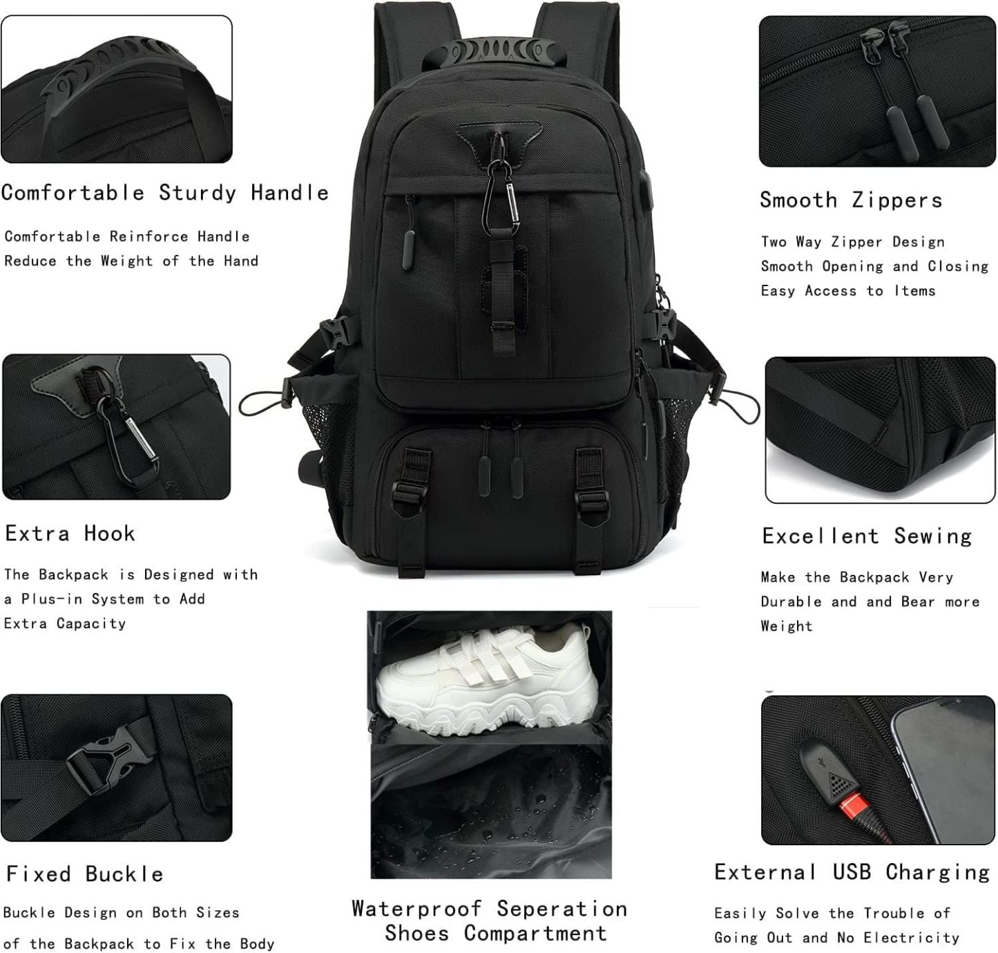 INSAVANT Travel Backpack for Mens 18.3 Inch with Laptop Sleeve and Shoe Compartment, Computer Backpacks with USB Charging Port, Durable Hiking Work Business Daypack for Women(Black Black)