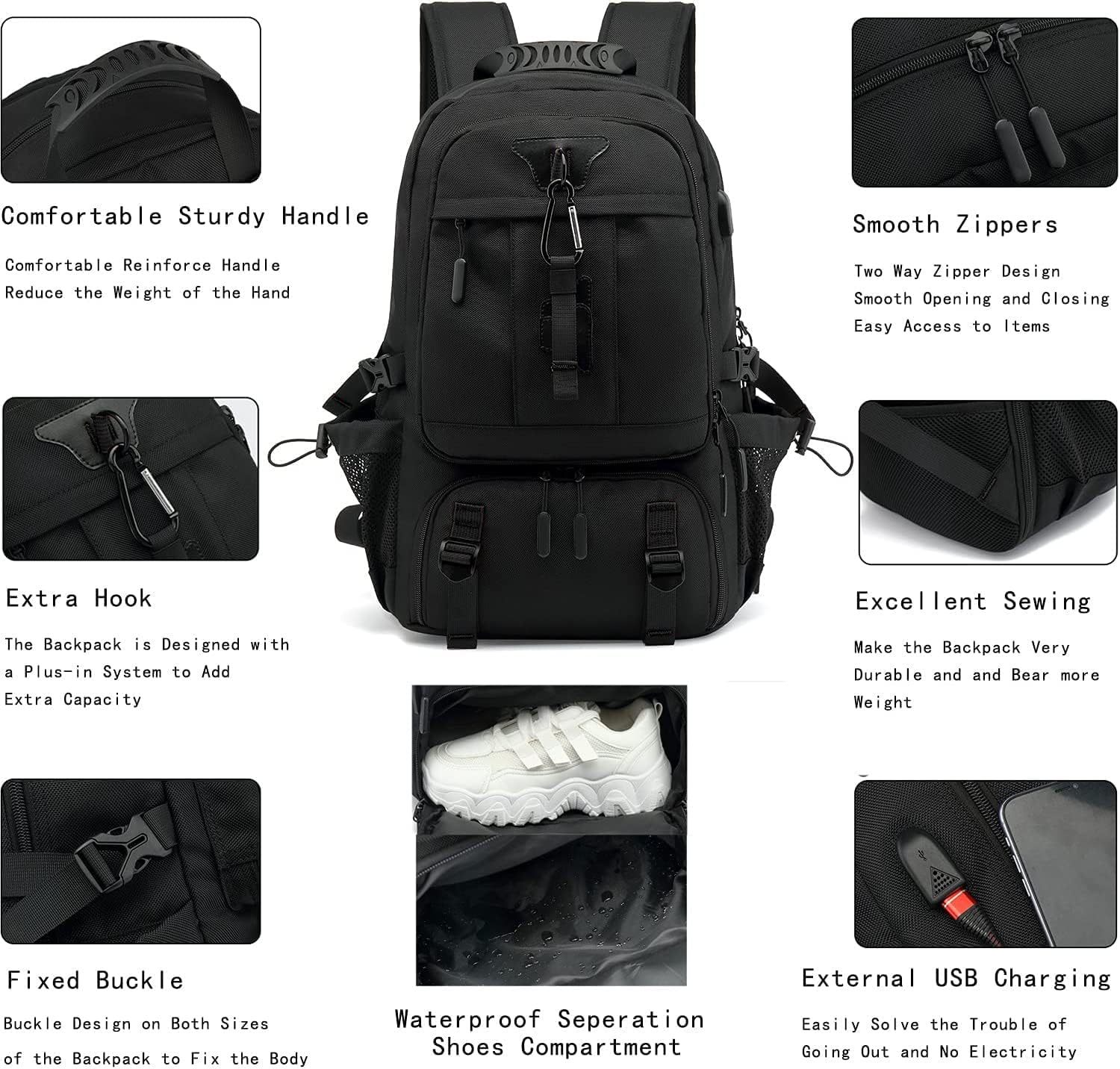 INSAVANT Travel Backpack for Mens 18.3 Inch with Laptop Sleeve and Shoe Compartment, Computer Backpacks with USB Charging Port, Durable Hiking Work Business Daypack for Women(Black Black)