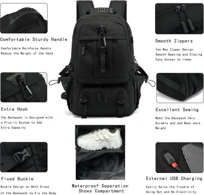 INSAVANT Travel Backpack for Mens 18.3 Inch with Laptop Sleeve and Shoe Compartment, Computer Backpacks with USB Charging Port, Durable Hiking Work Business Daypack for Women(Black Black)