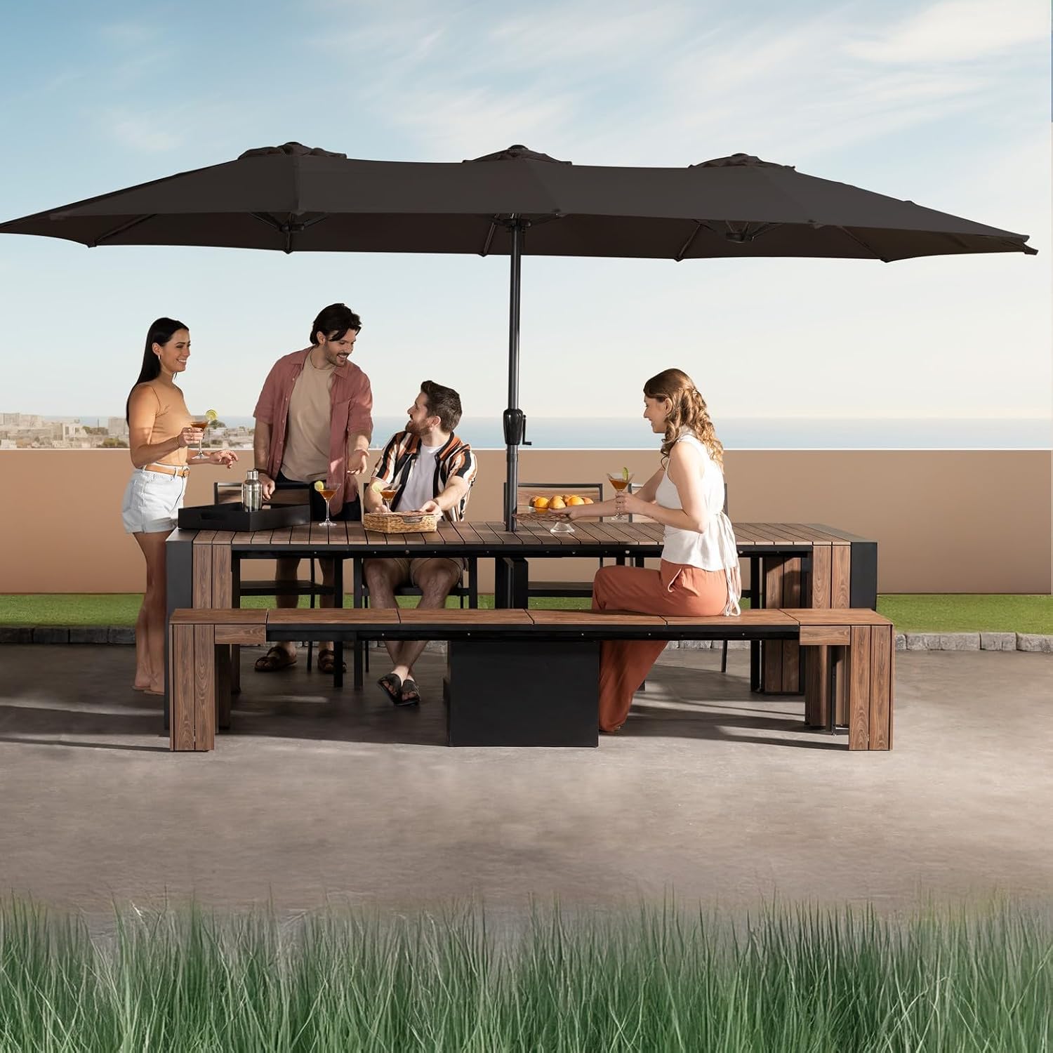 Transformer Table Outdoor Patio Furniture Set for 4 to 12, Expandable Outdoor Table and Chairs Set of 4 with Dining Bench, Weather Resistant Extendable Patio Table with Chairs & Bench