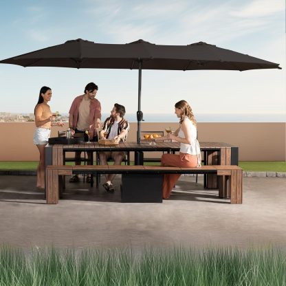 Transformer Table Outdoor Patio Furniture Set for 4 to 12, Expandable Outdoor Table and Chairs Set of 4 with Dining Bench, Weather Resistant Extendable Patio Table with Chairs & Bench