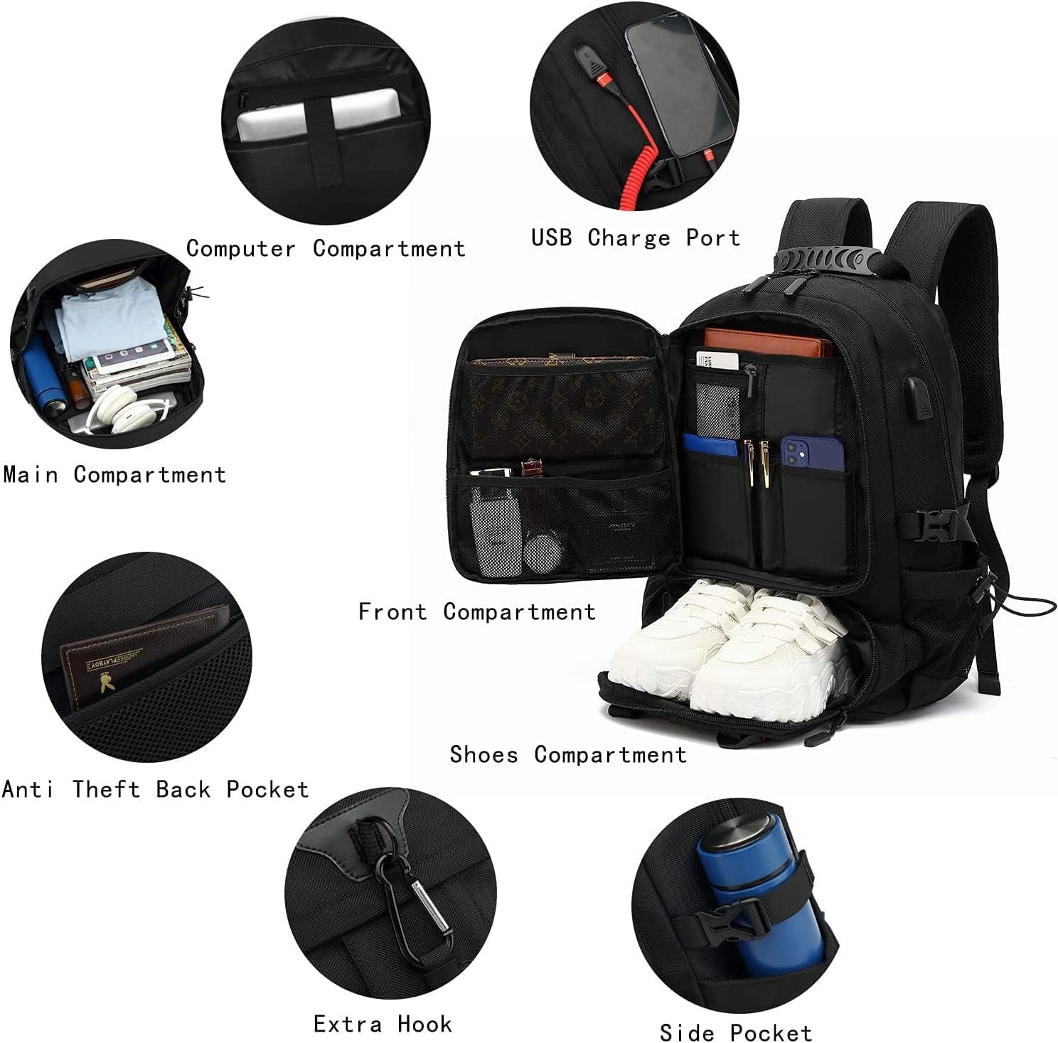 INSAVANT Travel Backpack for Mens 18.3 Inch with Laptop Sleeve and Shoe Compartment, Computer Backpacks with USB Charging Port, Durable Hiking Work Business Daypack for Women(Black Black)