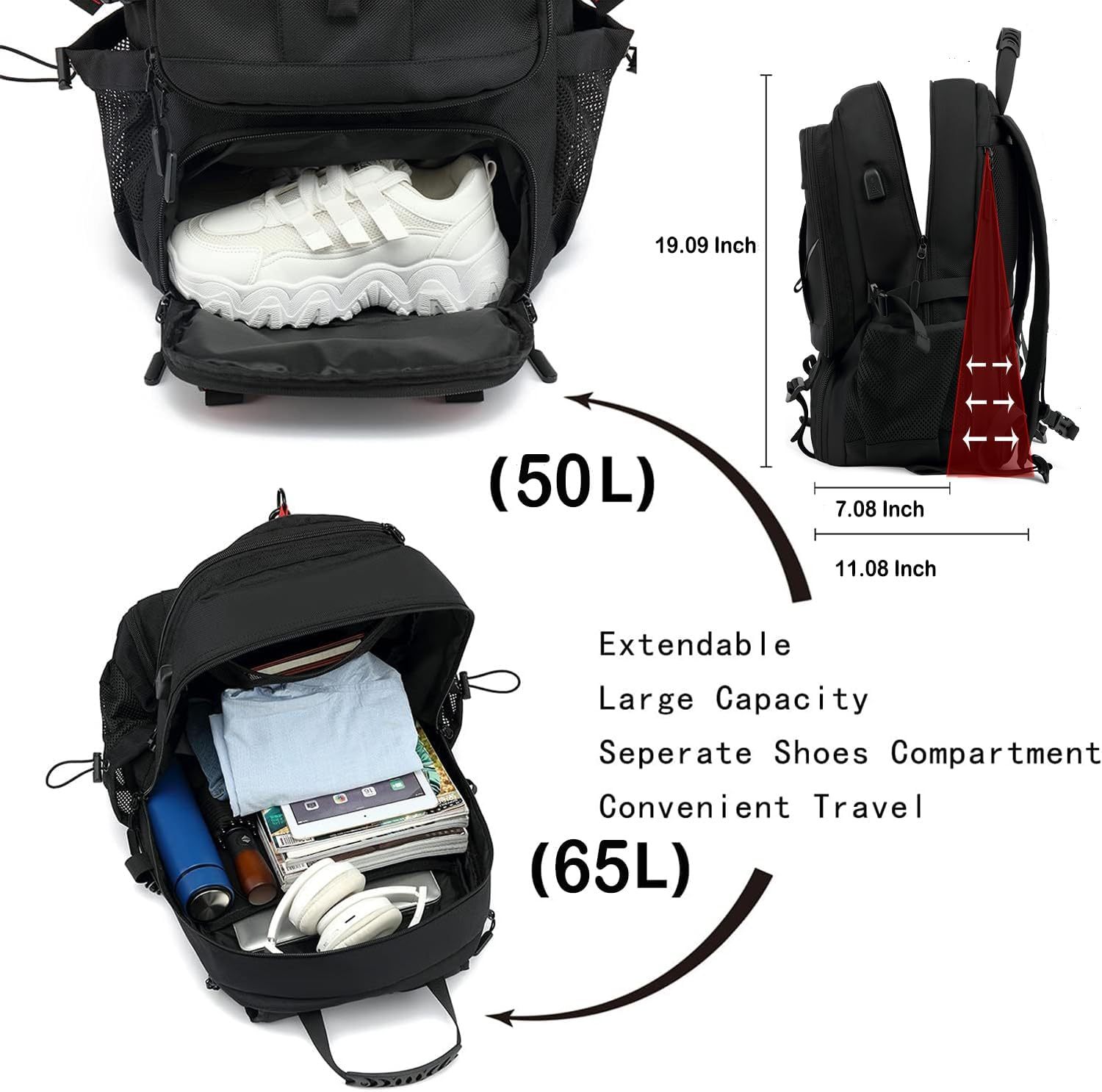 INSAVANT Travel Backpack for Mens 18.3 Inch with Laptop Sleeve and Shoe Compartment, Computer Backpacks with USB Charging Port, Durable Hiking Work Business Daypack for Women(Black Black)