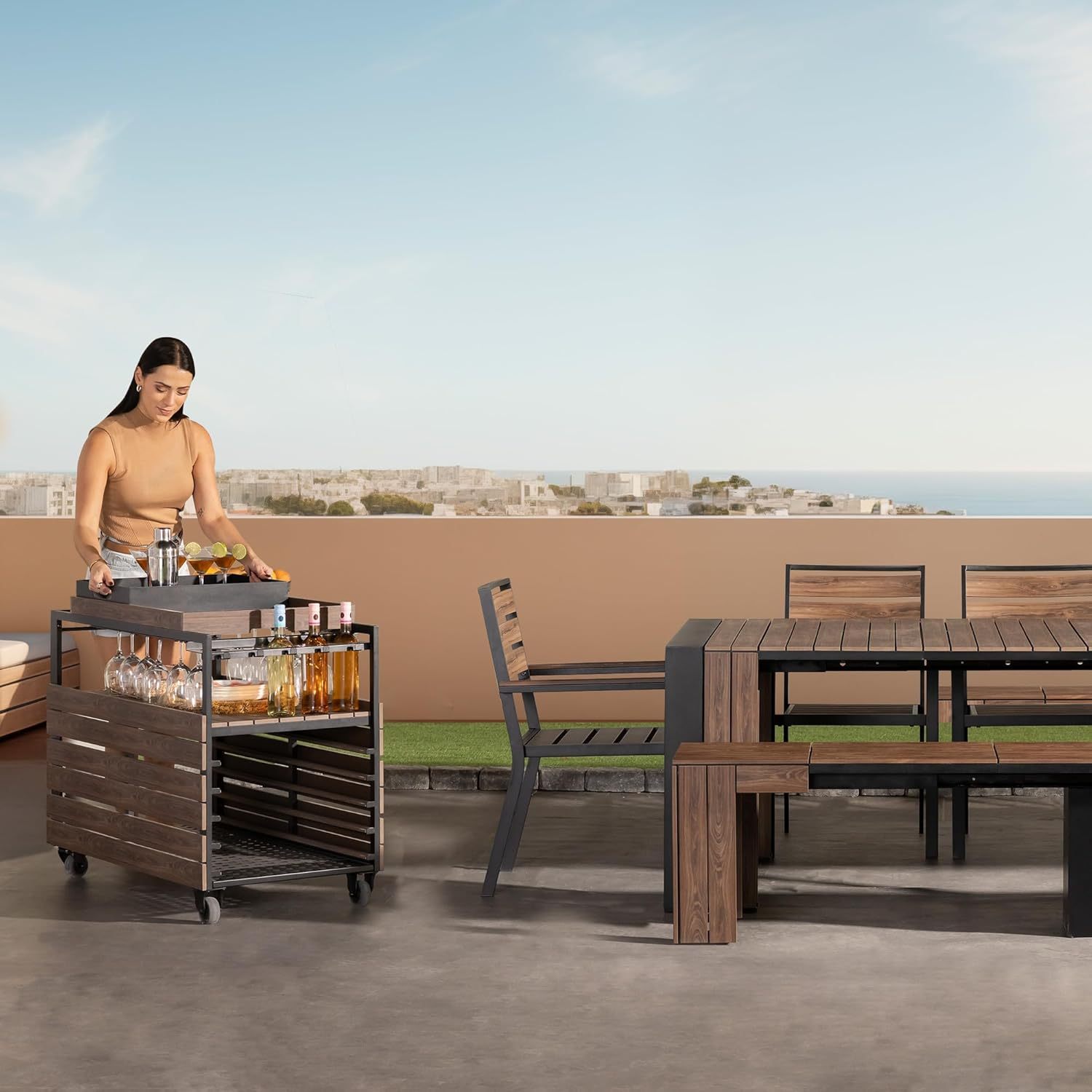 Transformer Table Outdoor Patio Furniture Set for 4 to 12, Expandable Outdoor Table and Chairs Set of 4 with Dining Bench, Weather Resistant Extendable Patio Table with Chairs & Bench