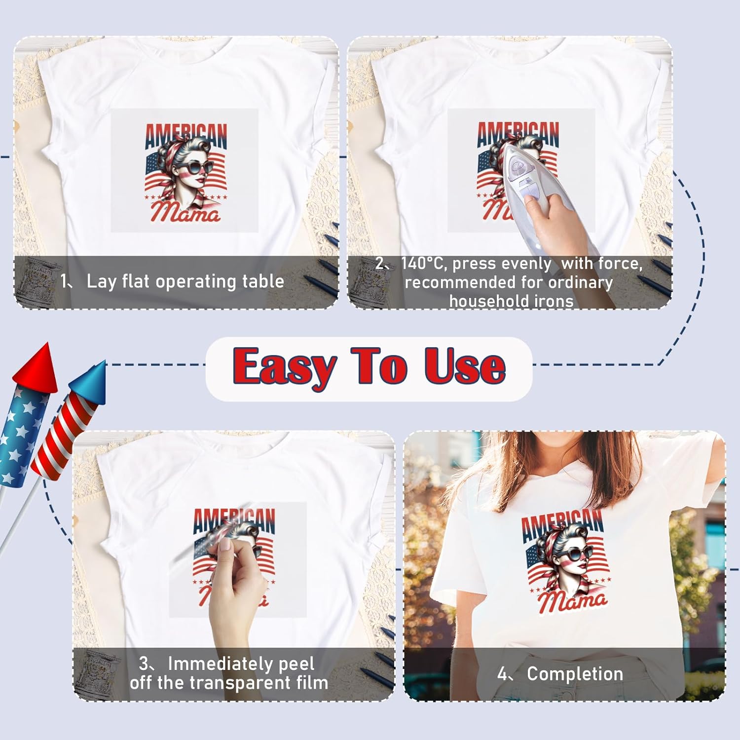 4th of July DTF Transfers Ready to Press -20 Sheets Independence Day Iron on Transfers Western Cowboy Iron on Decals for Patriot Day Parades Clothing USA T-Shirts American Hat Bag DIY Decorations