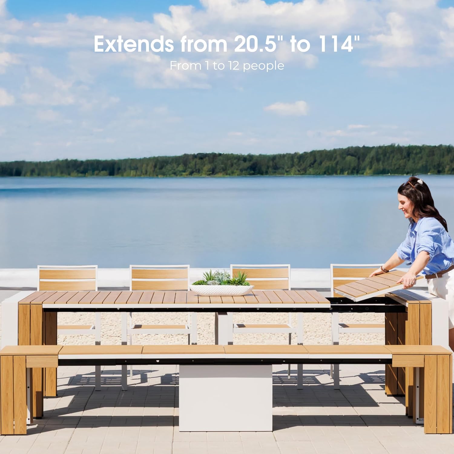 Transformer Table Outdoor Patio Furniture Set for 4 to 12, Expandable Outdoor Table and Chairs Set of 4 with Dining Bench, Weather Resistant Extendable Patio Table with Chairs & Bench
