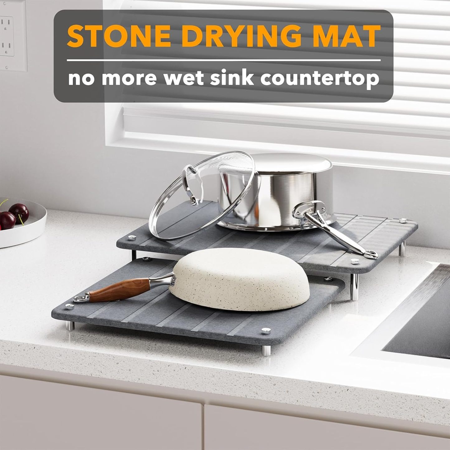 SpaceAid 2 Pack Stone Dish Drying Mats for Kitchen Counter, Expandable Absorbent Rack Dish Pad, Quick Dry Diatomaceous Earth Dishes Mat Tray, Absorbing Sink Stone Mat Board