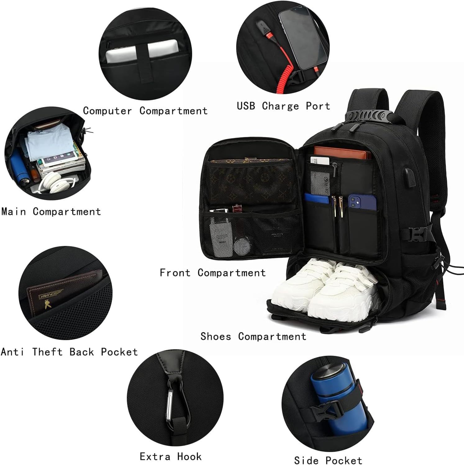 INSAVANT Travel Backpack for Mens 18.3 Inch with Laptop Sleeve and Shoe Compartment, Computer Backpacks with USB Charging Port, Durable Hiking Work Business Daypack for Women(Black Black)