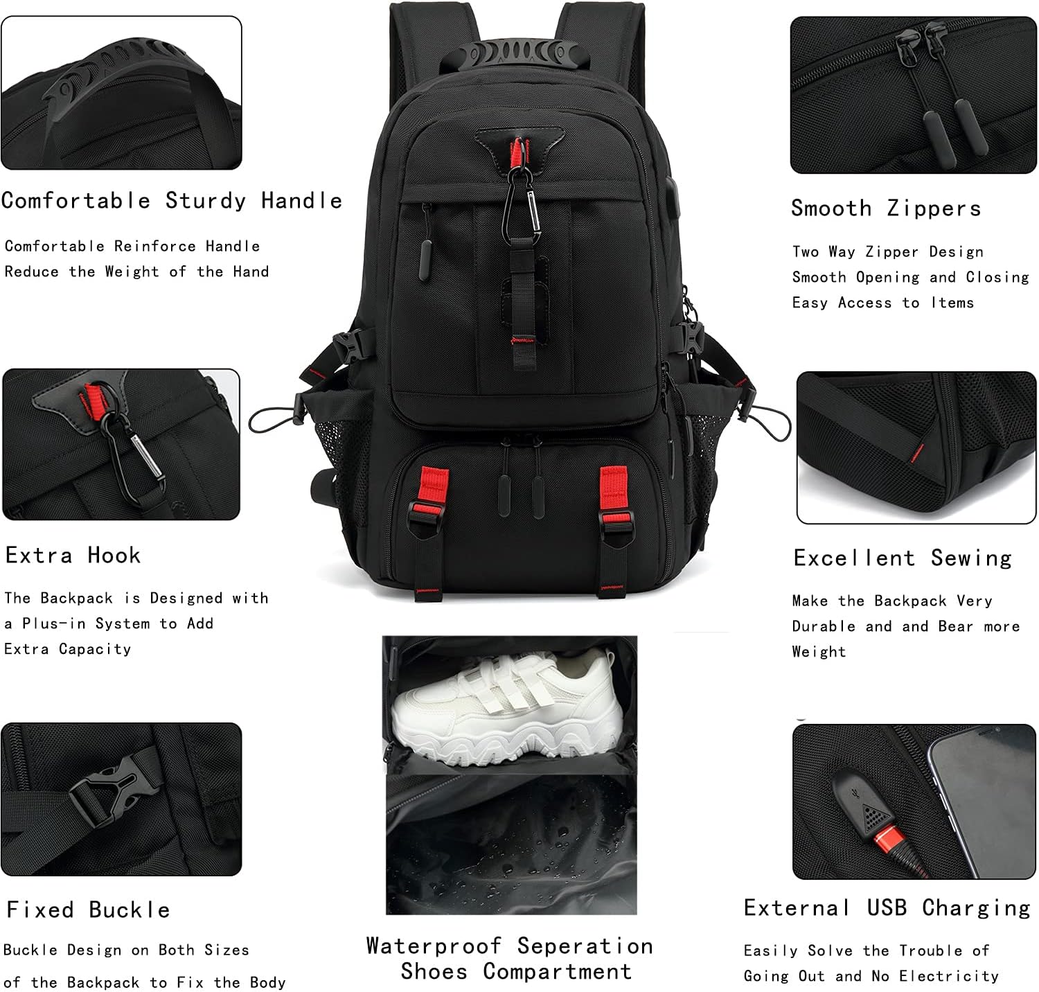 INSAVANT Travel Backpack for Mens 18.3 Inch with Laptop Sleeve and Shoe Compartment, Computer Backpacks with USB Charging Port, Durable Hiking Work Business Daypack for Women(Black Black)