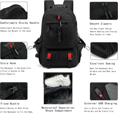 INSAVANT Travel Backpack for Mens 18.3 Inch with Laptop Sleeve and Shoe Compartment, Computer Backpacks with USB Charging Port, Durable Hiking Work Business Daypack for Women(Black Black)