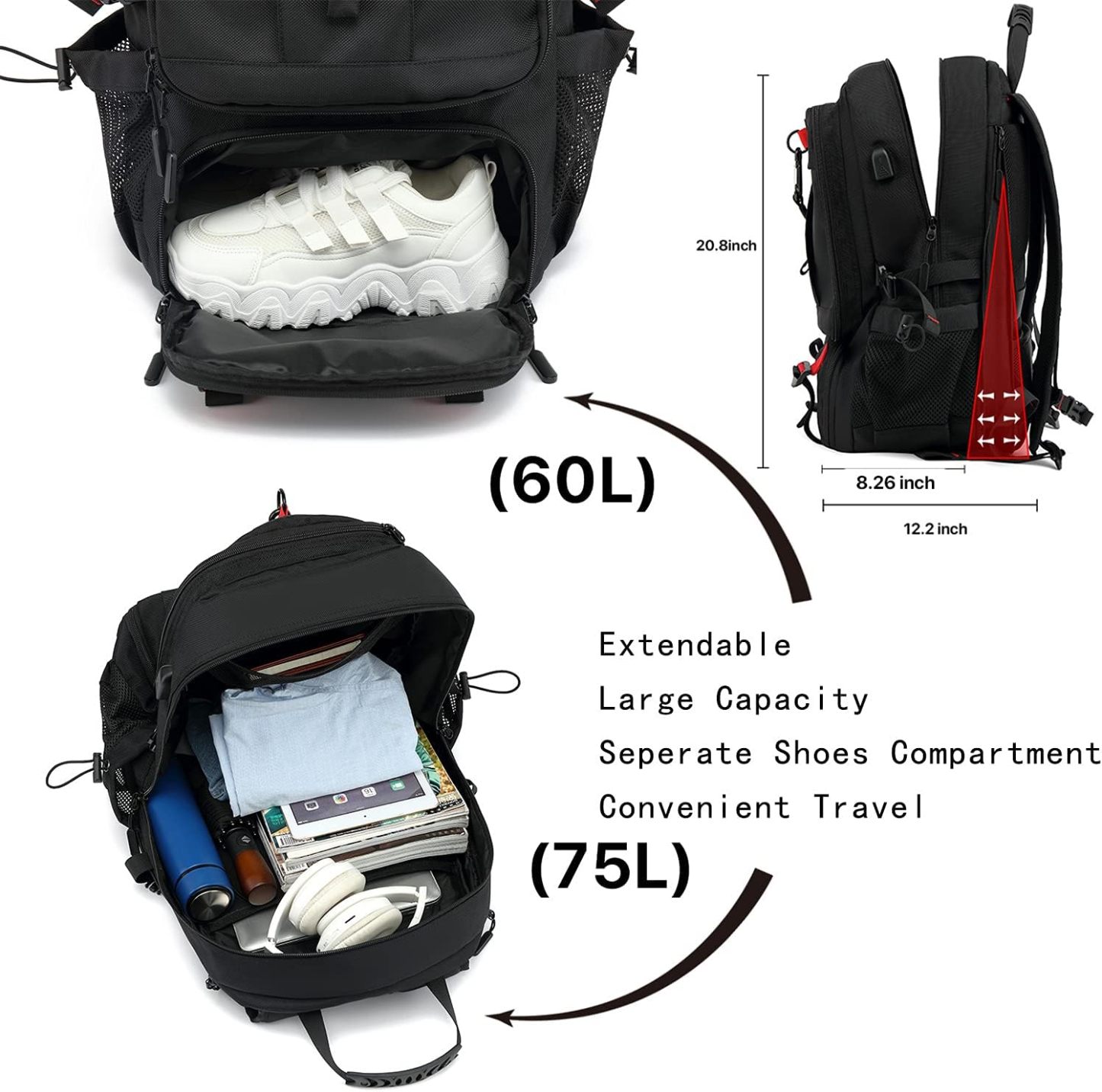 INSAVANT Travel Backpack for Mens 18.3 Inch with Laptop Sleeve and Shoe Compartment, Computer Backpacks with USB Charging Port, Durable Hiking Work Business Daypack for Women(Black Black)