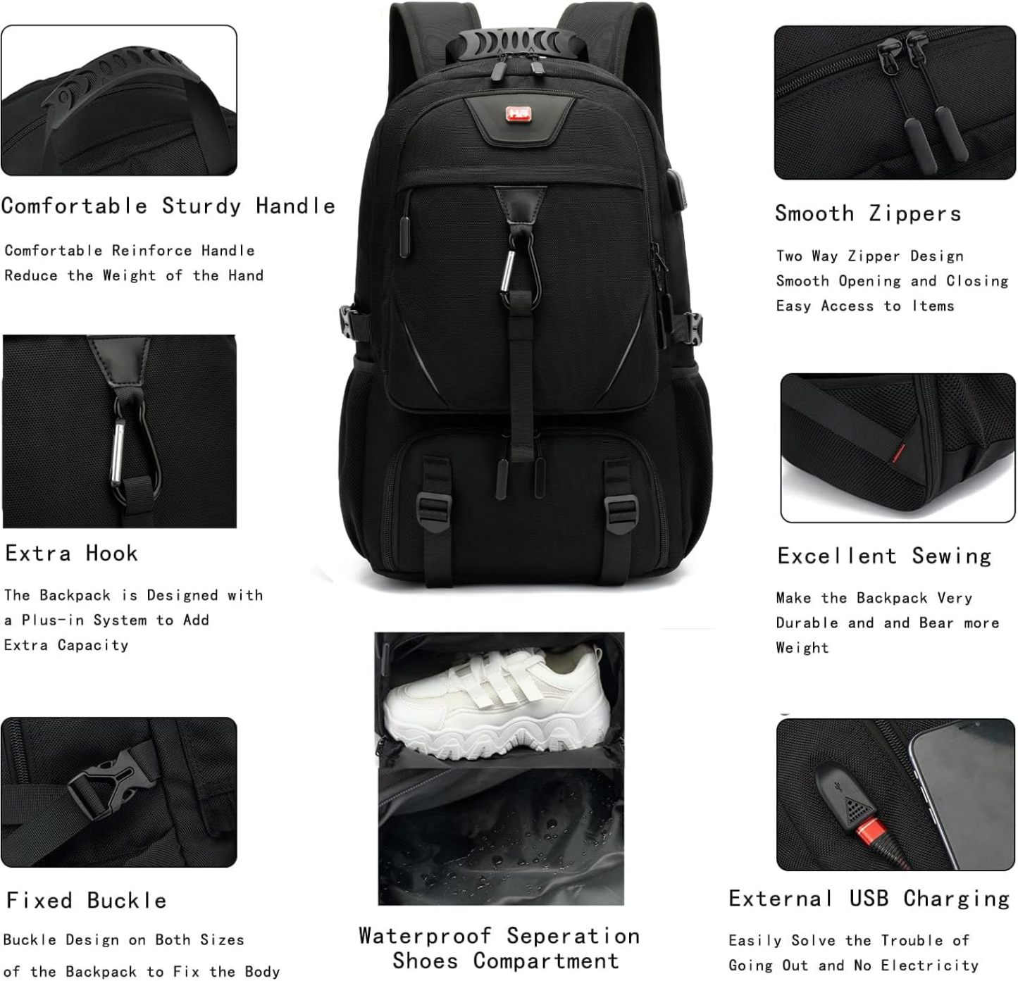 INSAVANT Travel Backpack for Mens 18.3 Inch with Laptop Sleeve and Shoe Compartment, Computer Backpacks with USB Charging Port, Durable Hiking Work Business Daypack for Women(Black Black)
