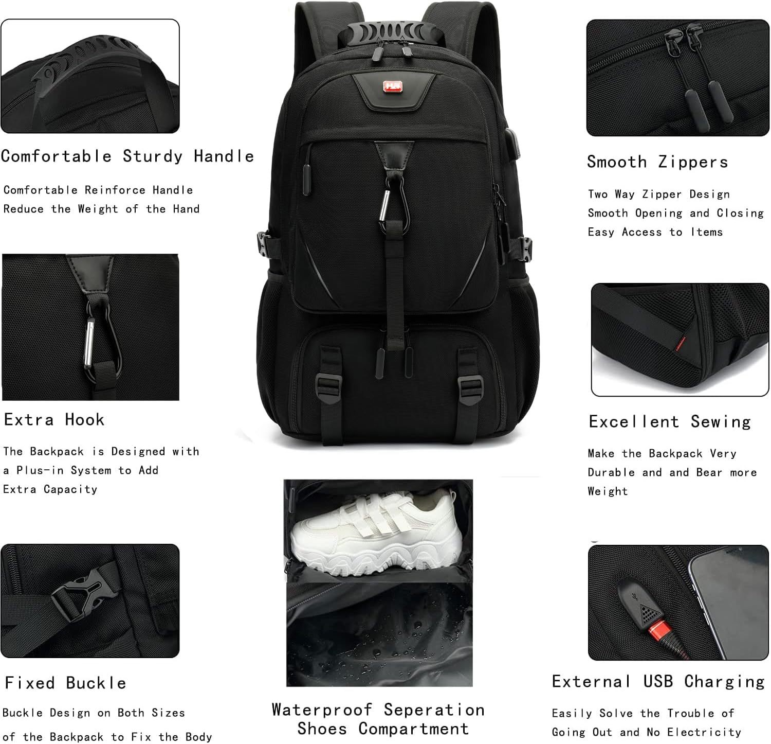 INSAVANT Travel Backpack for Mens 18.3 Inch with Laptop Sleeve and Shoe Compartment, Computer Backpacks with USB Charging Port, Durable Hiking Work Business Daypack for Women(Black Black)