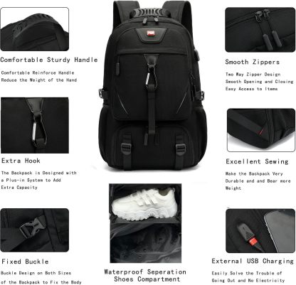 INSAVANT Travel Backpack for Mens 18.3 Inch with Laptop Sleeve and Shoe Compartment, Computer Backpacks with USB Charging Port, Durable Hiking Work Business Daypack for Women(Black Black)
