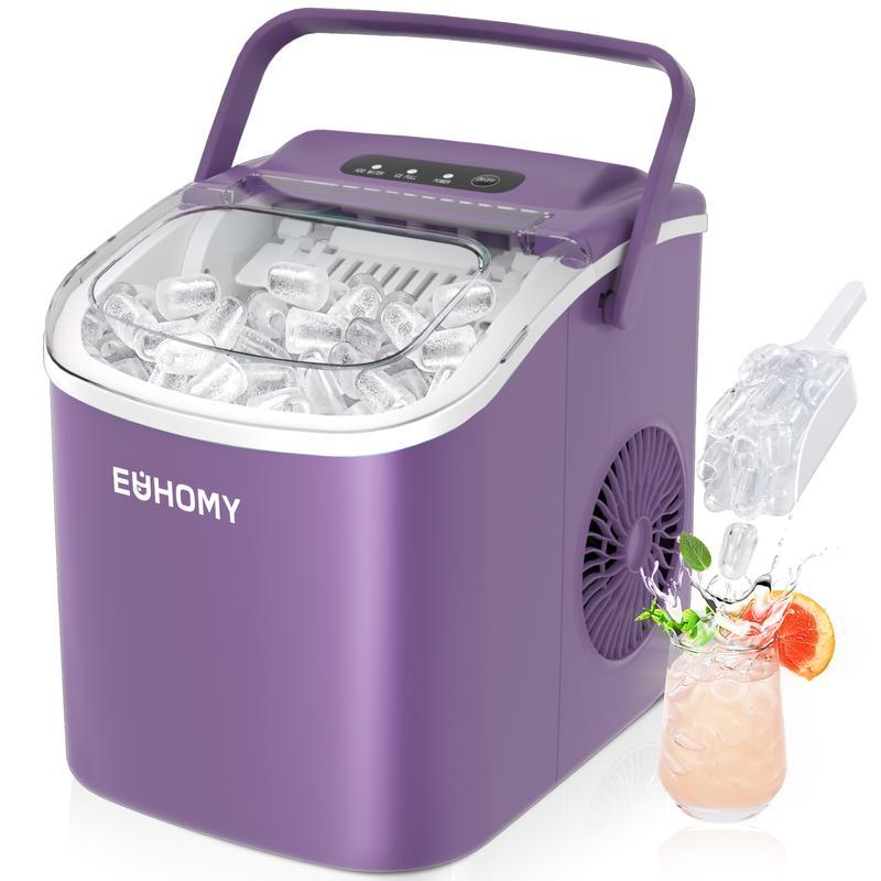 EUHOMY Countertop Ice Maker with Handle, Makes 26 Pounds of Ice in 24 Hours, 9 Ice Cubes in 6 Minutes, Self-Cleaning Portable Ice Maker with Basket and Scoop for Home/Kitchen/Camping/RV.