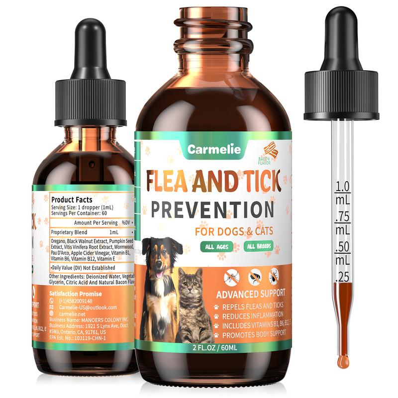 Carmelie Flea & Tick Support Drops for Dogs & Cats | Natural Liquid Formula with Vitamins | Bacon Flavor, All Breeds & Ages Kittens