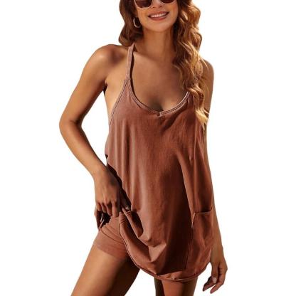 Tanming Womens Athletic Sleeveless Mini Dress with Built-in Shorts V Neck Spaghetti Strap Short Tennis Dress with Pockets