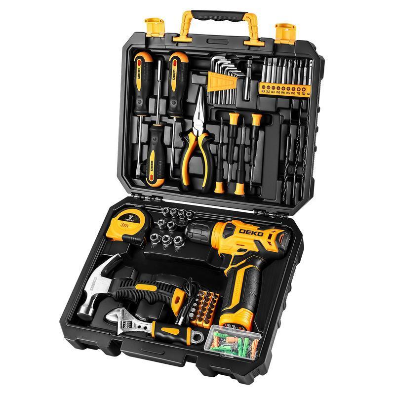 DEKO 8V Cordless Drill Set, 126-Piece Home Tool Kit With Storage Box, Unisex DIY Power Tool Set For Fence Installation, Room Décor, Furniture Assembly, And Daily Repairs