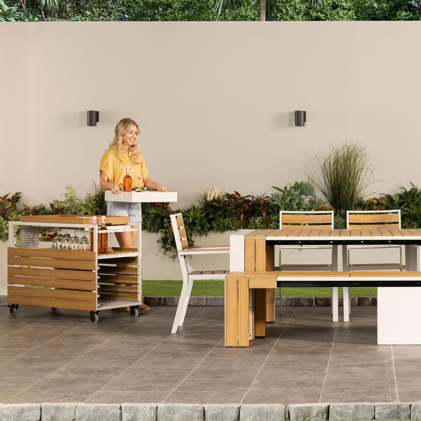 Transformer Table Outdoor Patio Furniture Set for 4 to 12, Expandable Outdoor Table and Chairs Set of 4 with Dining Bench, Weather Resistant Extendable Patio Table with Chairs & Bench