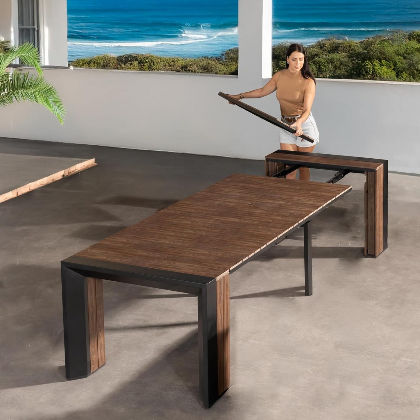 Transformer Table Outdoor Patio Furniture Set for 4 to 12, Expandable Outdoor Table and Chairs Set of 4 with Dining Bench, Weather Resistant Extendable Patio Table with Chairs & Bench