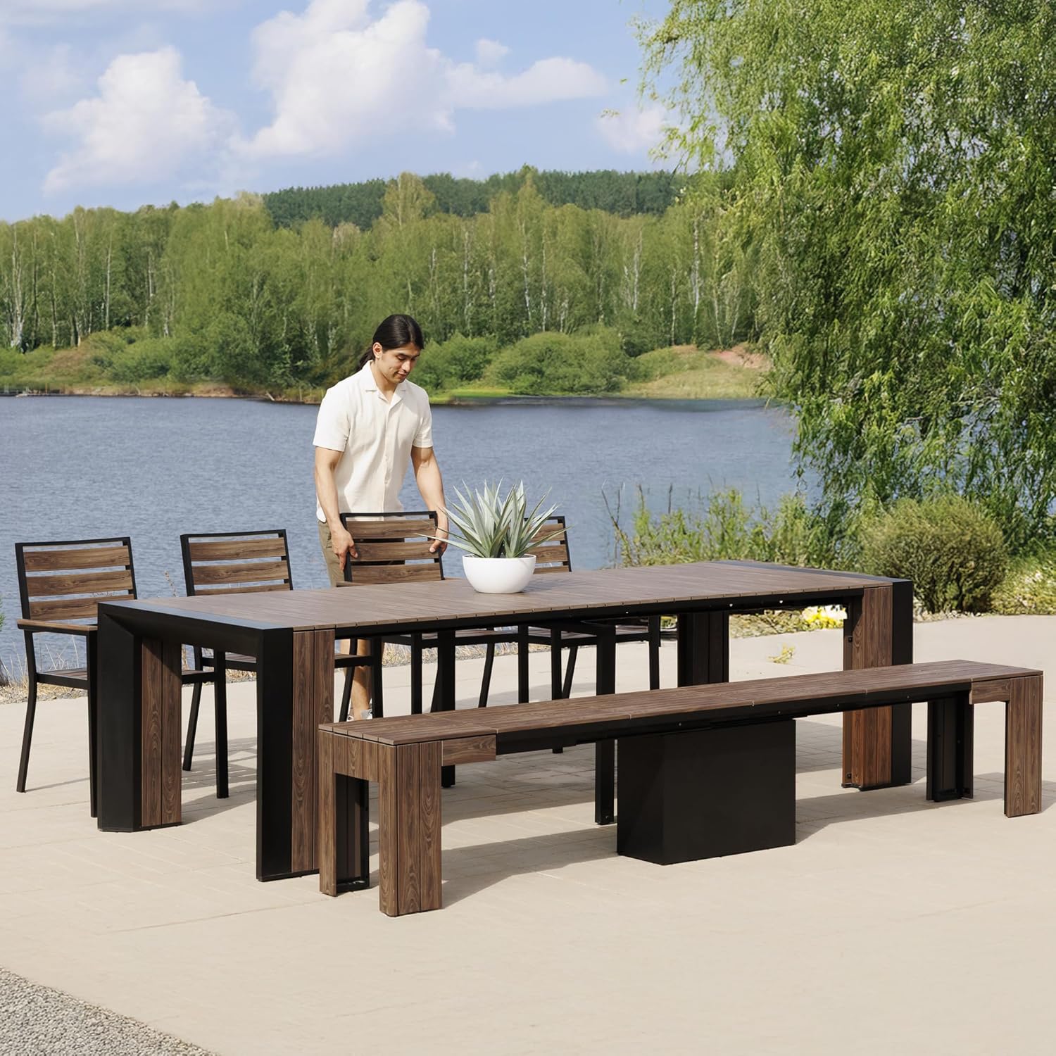 Transformer Table Outdoor Patio Furniture Set for 4 to 12, Expandable Outdoor Table and Chairs Set of 4 with Dining Bench, Weather Resistant Extendable Patio Table with Chairs & Bench