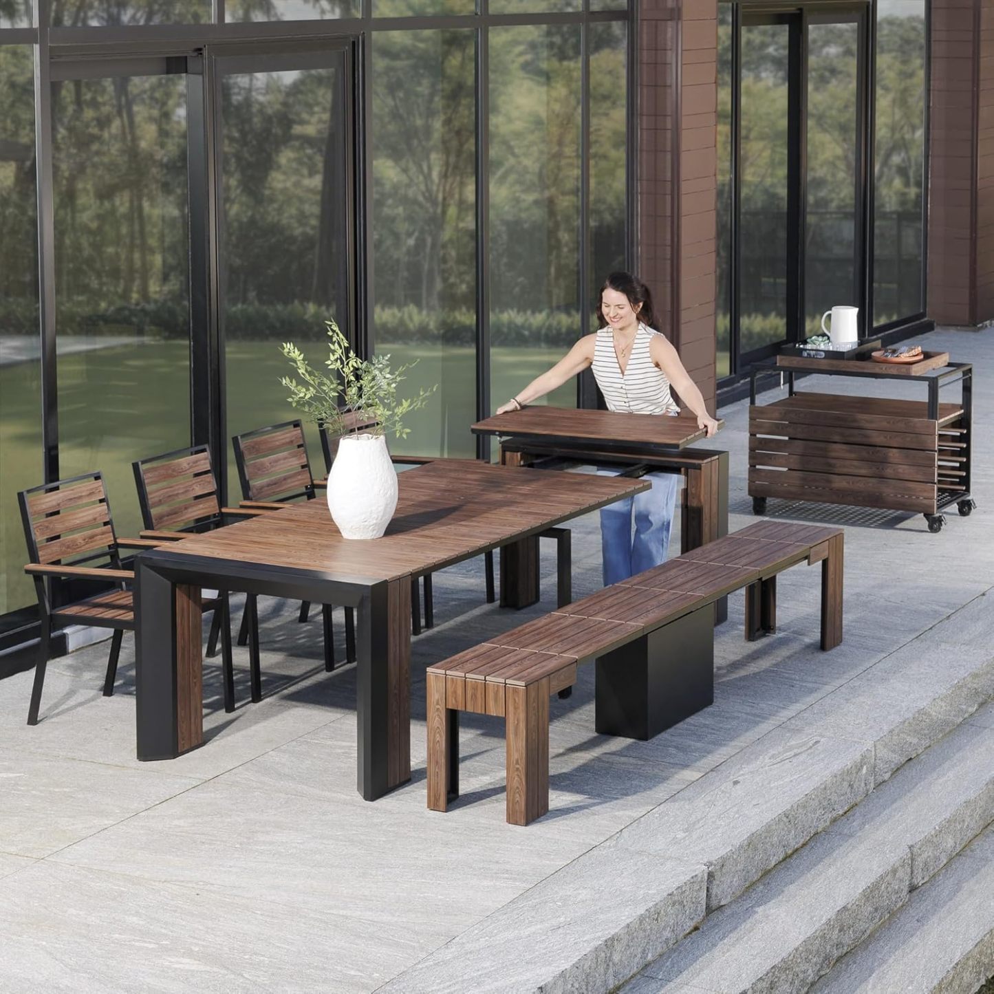 Transformer Table Outdoor Patio Furniture Set for 4 to 12, Expandable Outdoor Table and Chairs Set of 4 with Dining Bench, Weather Resistant Extendable Patio Table with Chairs & Bench