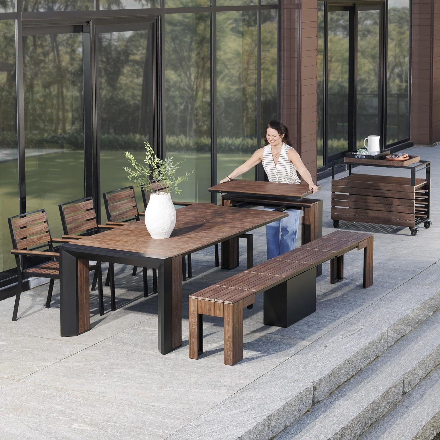 Transformer Table Outdoor Patio Furniture Set for 4 to 12, Expandable Outdoor Table and Chairs Set of 4 with Dining Bench, Weather Resistant Extendable Patio Table with Chairs & Bench