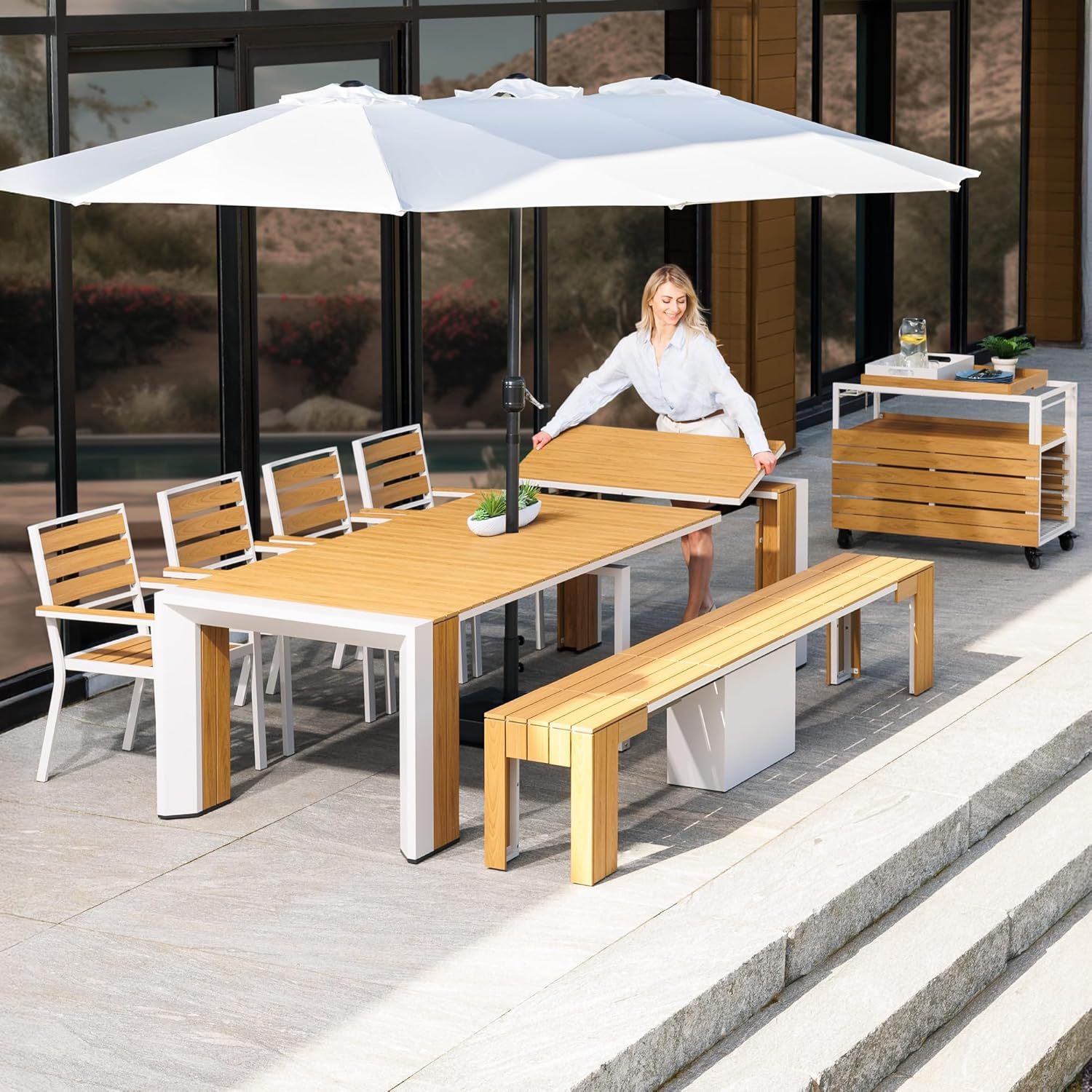 Transformer Table Outdoor Patio Furniture Set for 4 to 12, Expandable Outdoor Table and Chairs Set of 4 with Dining Bench, Weather Resistant Extendable Patio Table with Chairs & Bench