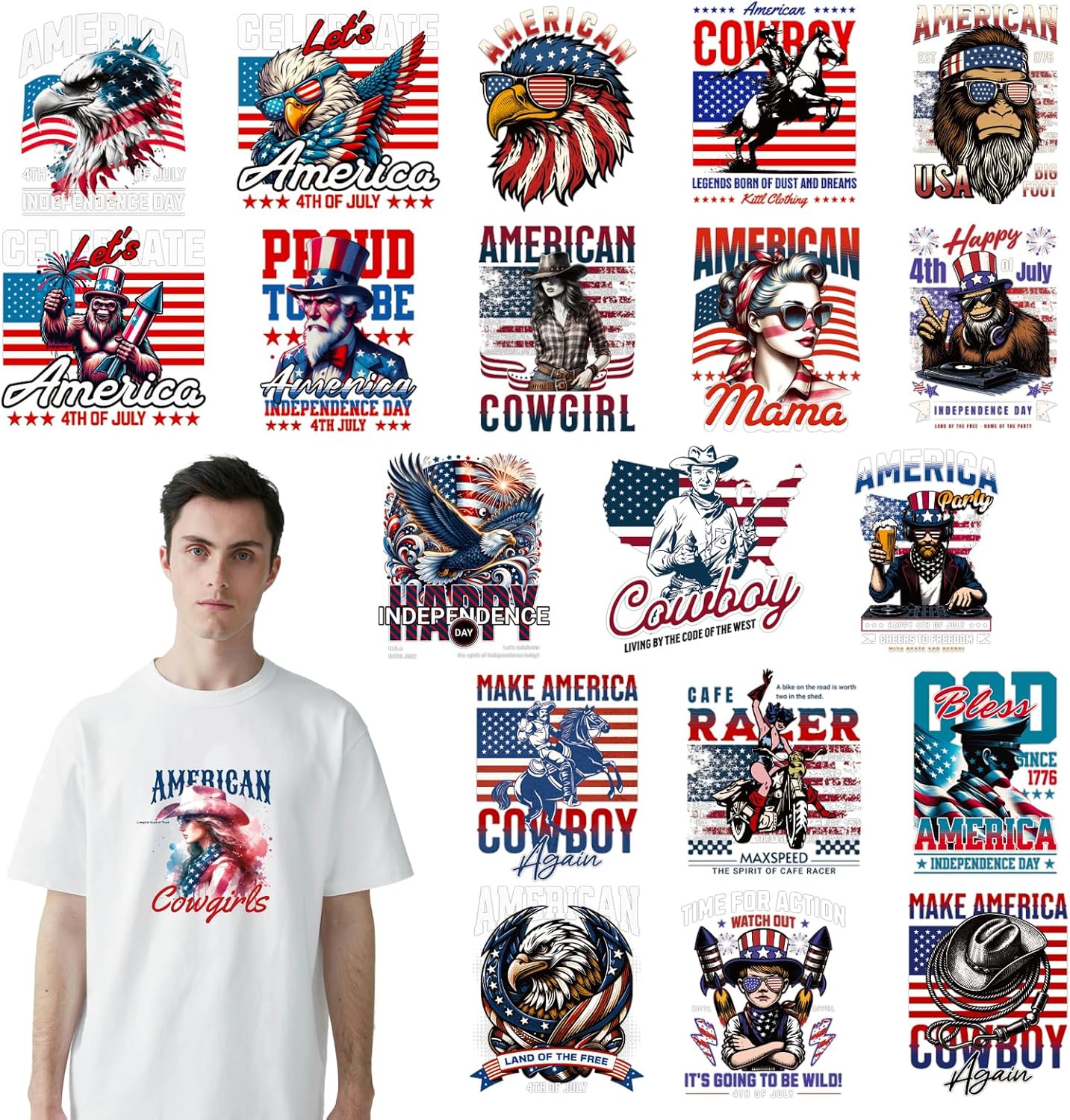 4th of July DTF Transfers Ready to Press -20 Sheets Independence Day Iron on Transfers Western Cowboy Iron on Decals for Patriot Day Parades Clothing USA T-Shirts American Hat Bag DIY Decorations