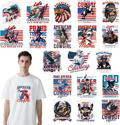 4th of July DTF Transfers Ready to Press -20 Sheets Independence Day Iron on Transfers Western Cowboy Iron on Decals for Patriot Day Parades Clothing USA T-Shirts American Hat Bag DIY Decorations