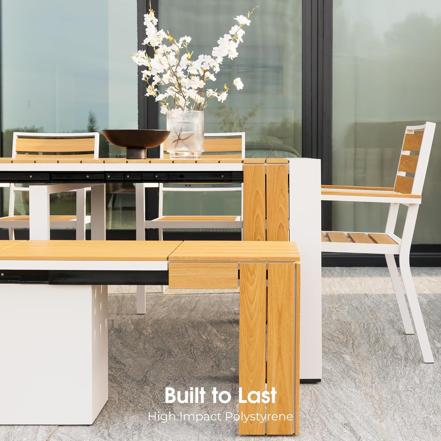 Transformer Table Outdoor Patio Furniture Set for 4 to 12, Expandable Outdoor Table and Chairs Set of 4 with Dining Bench, Weather Resistant Extendable Patio Table with Chairs & Bench