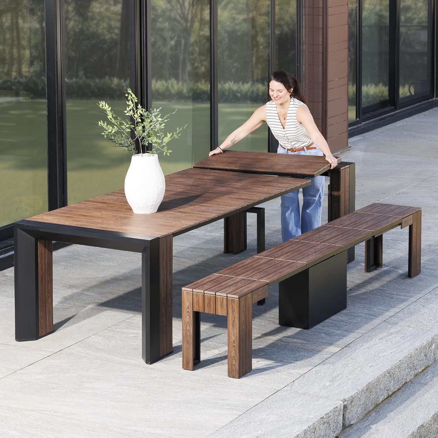 Transformer Table Outdoor Patio Furniture Set for 4 to 12, Expandable Outdoor Table and Chairs Set of 4 with Dining Bench, Weather Resistant Extendable Patio Table with Chairs & Bench