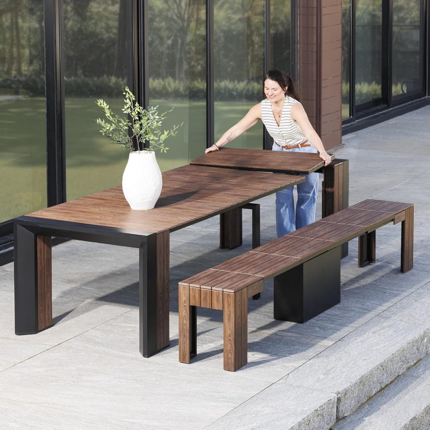 Transformer Table Outdoor Patio Furniture Set for 4 to 12, Expandable Outdoor Table and Chairs Set of 4 with Dining Bench, Weather Resistant Extendable Patio Table with Chairs & Bench