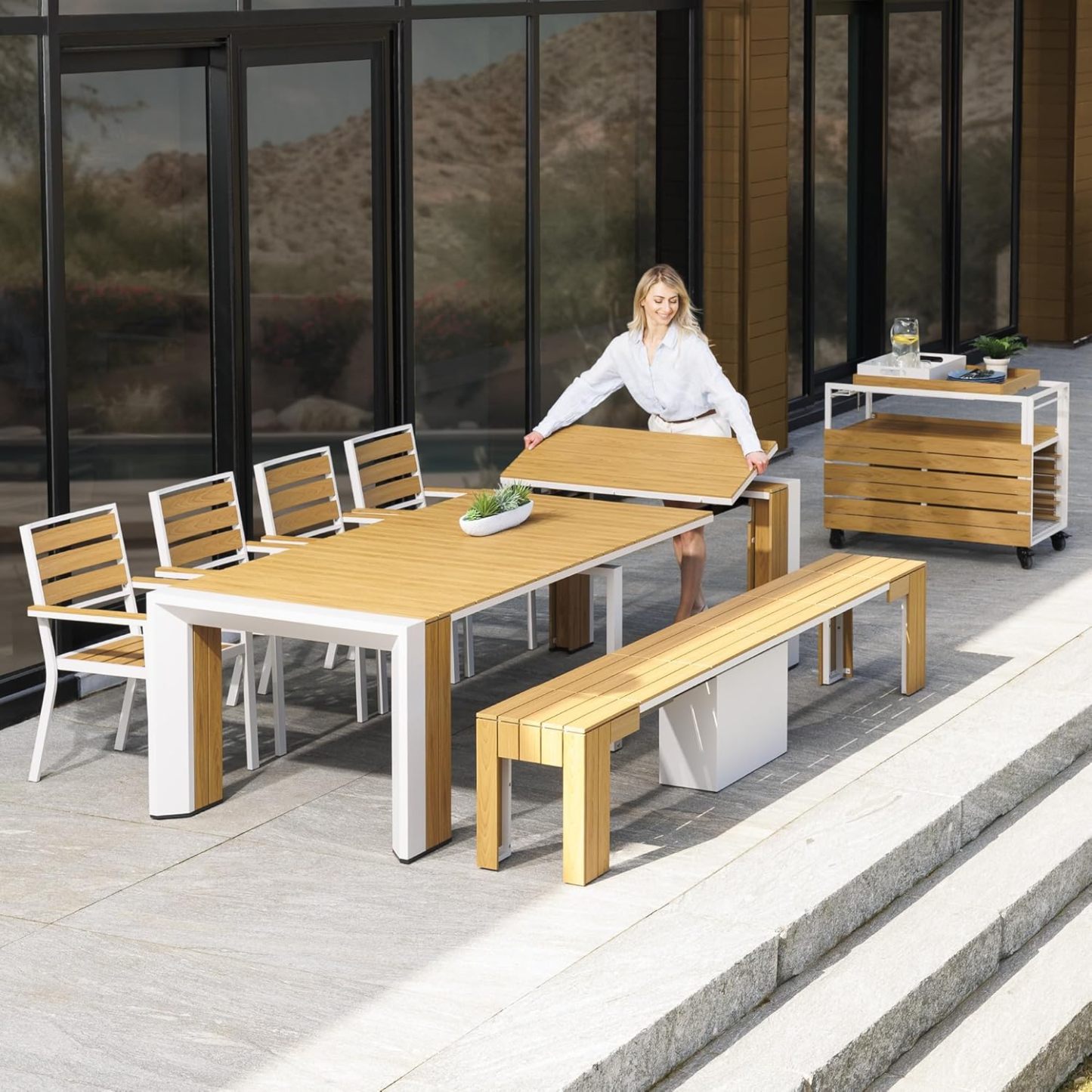 Transformer Table Outdoor Patio Furniture Set for 4 to 12, Expandable Outdoor Table and Chairs Set of 4 with Dining Bench, Weather Resistant Extendable Patio Table with Chairs & Bench