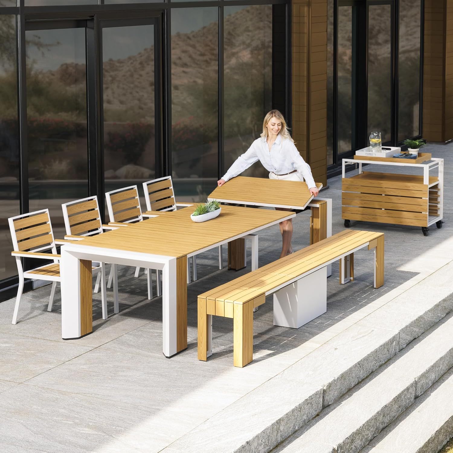 Transformer Table Outdoor Patio Furniture Set for 4 to 12, Expandable Outdoor Table and Chairs Set of 4 with Dining Bench, Weather Resistant Extendable Patio Table with Chairs & Bench