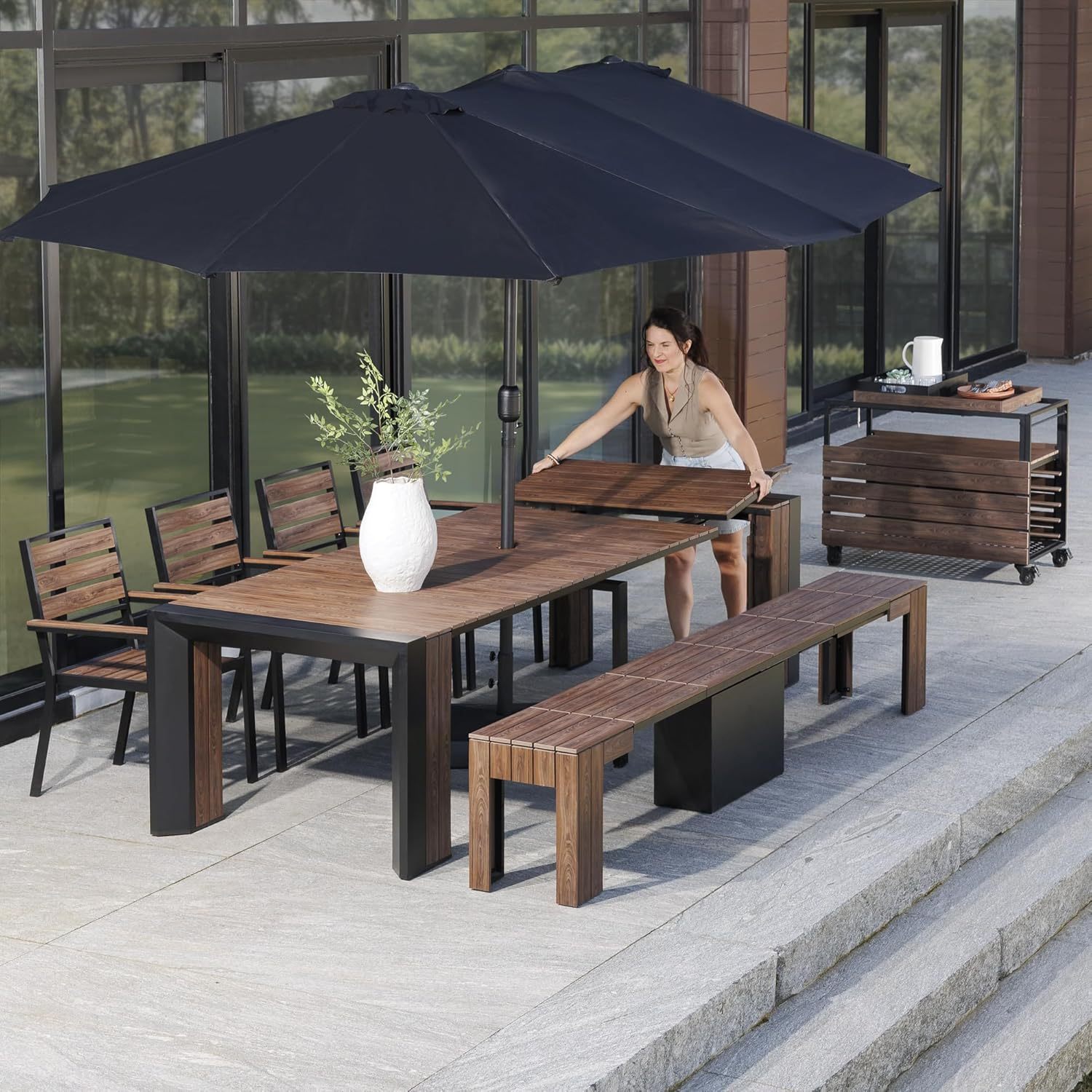 Transformer Table Outdoor Patio Furniture Set for 4 to 12, Expandable Outdoor Table and Chairs Set of 4 with Dining Bench, Weather Resistant Extendable Patio Table with Chairs & Bench