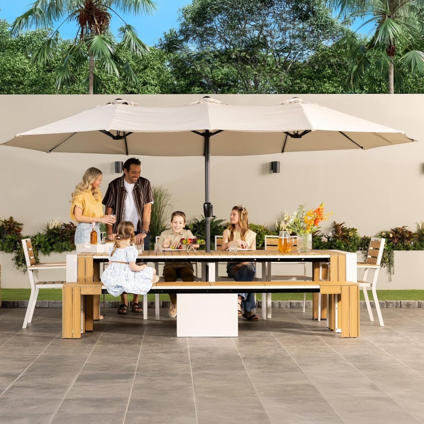 Transformer Table Outdoor Patio Furniture Set for 4 to 12, Expandable Outdoor Table and Chairs Set of 4 with Dining Bench, Weather Resistant Extendable Patio Table with Chairs & Bench