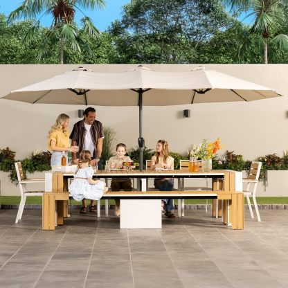 Transformer Table Outdoor Patio Furniture Set for 4 to 12, Expandable Outdoor Table and Chairs Set of 4 with Dining Bench, Weather Resistant Extendable Patio Table with Chairs & Bench