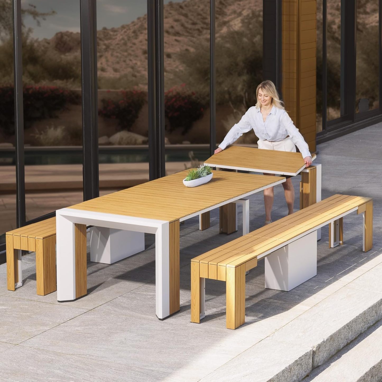 Transformer Table Outdoor Patio Furniture Set for 4 to 12, Expandable Outdoor Table and Chairs Set of 4 with Dining Bench, Weather Resistant Extendable Patio Table with Chairs & Bench