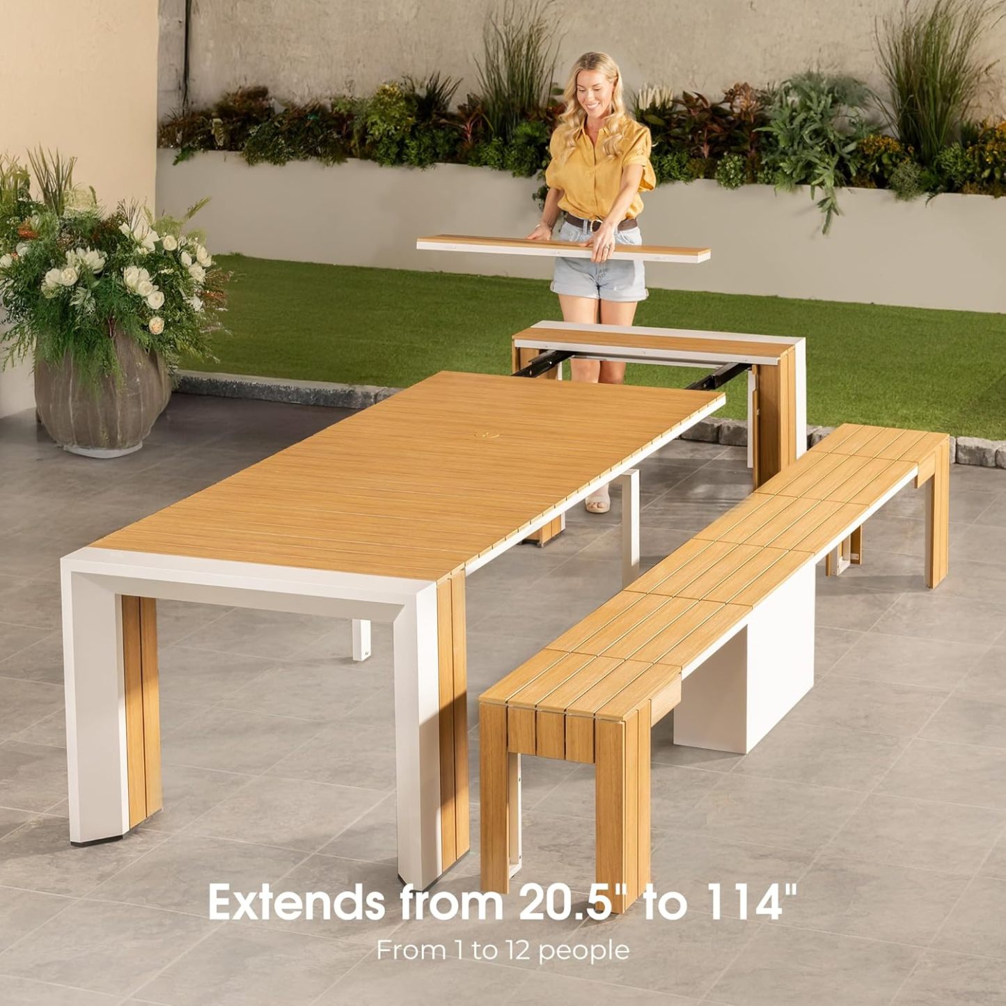 Transformer Table Outdoor Patio Furniture Set for 4 to 12, Expandable Outdoor Table and Chairs Set of 4 with Dining Bench, Weather Resistant Extendable Patio Table with Chairs & Bench
