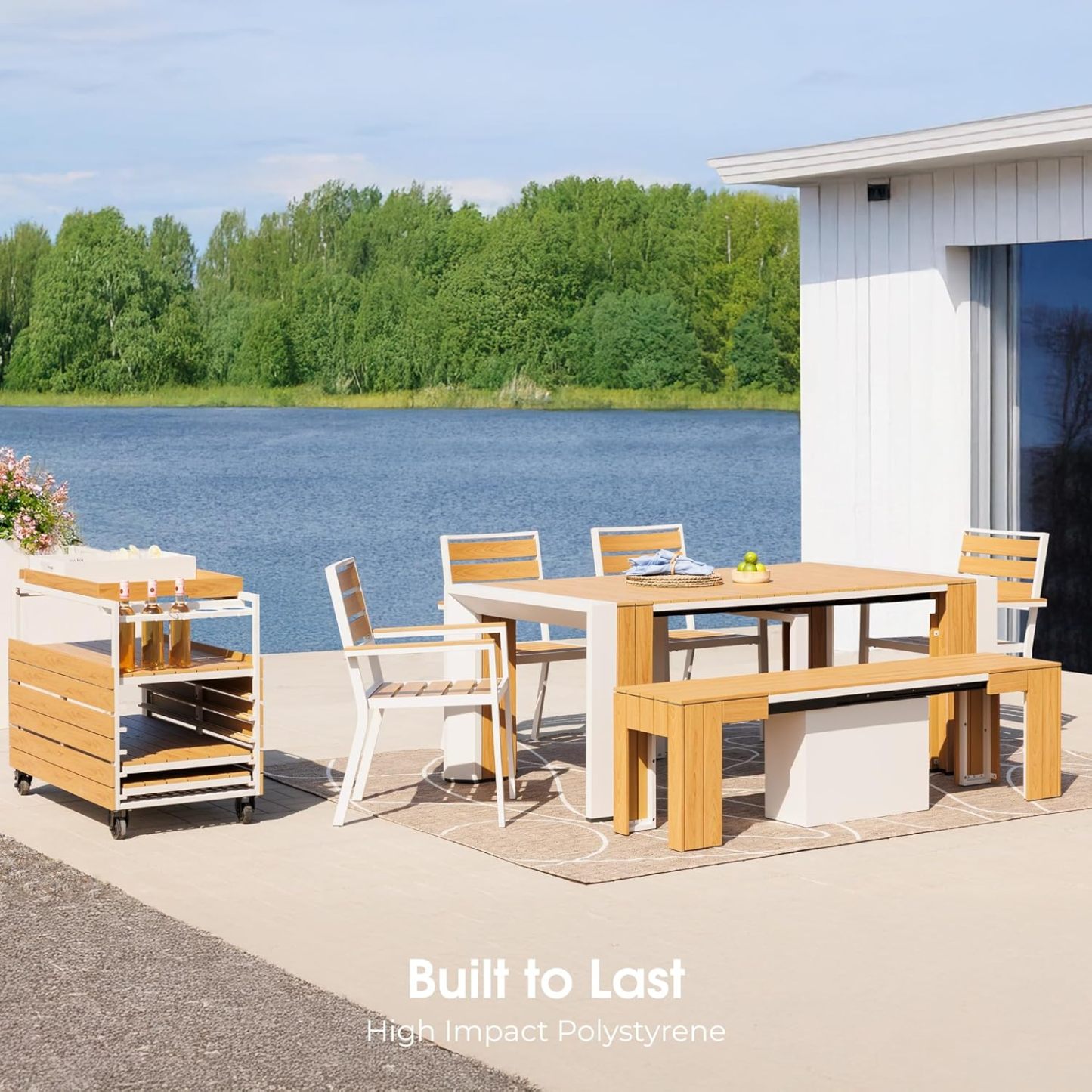 Transformer Table Outdoor Patio Furniture Set for 4 to 12, Expandable Outdoor Table and Chairs Set of 4 with Dining Bench, Weather Resistant Extendable Patio Table with Chairs & Bench
