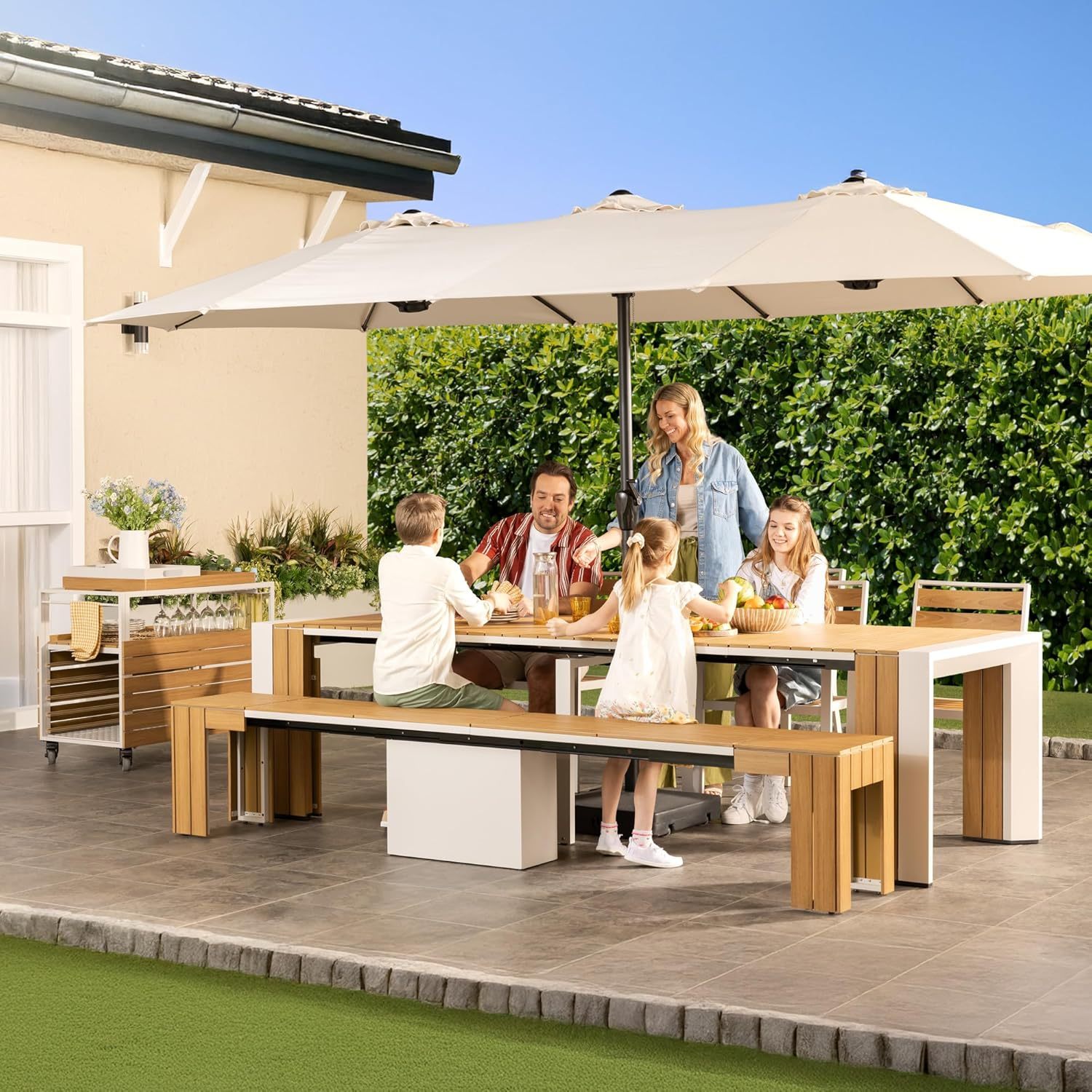 Transformer Table Outdoor Patio Furniture Set for 4 to 12, Expandable Outdoor Table and Chairs Set of 4 with Dining Bench, Weather Resistant Extendable Patio Table with Chairs & Bench